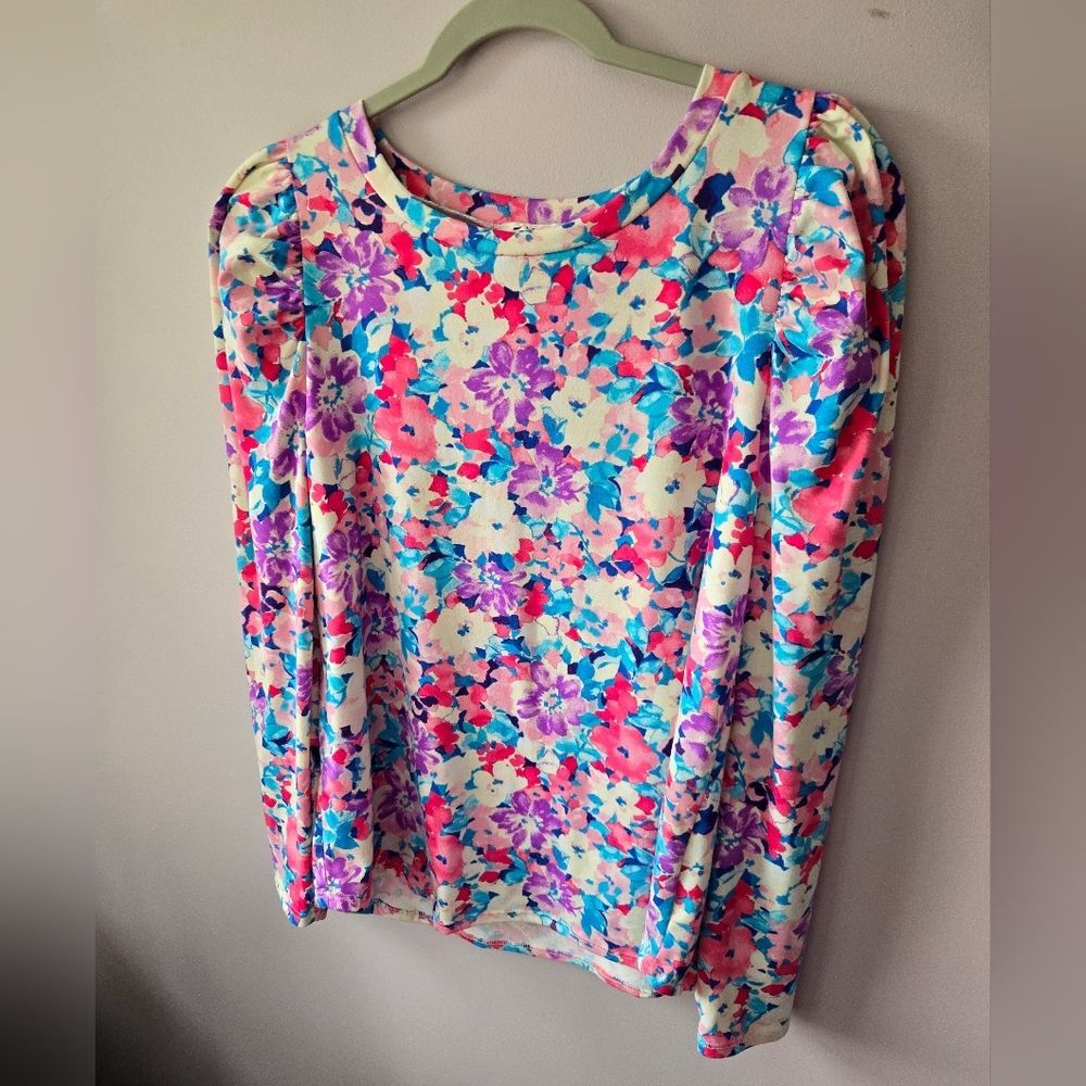 BIBI Floral Puff Shoulder Long Sleeve Top - Size Large